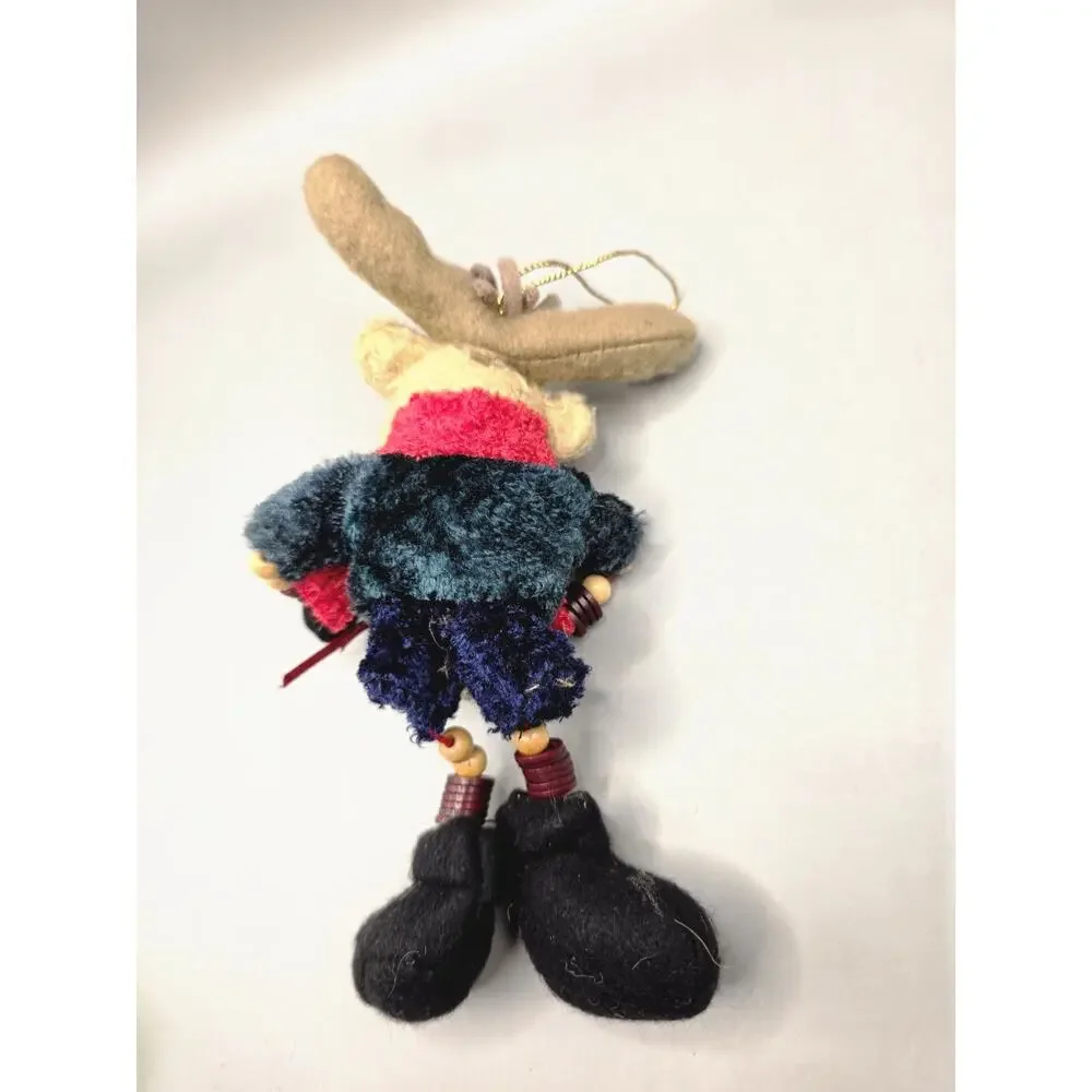 Vintage Whimsical Plush Moose Christmas Ornament Dangle Legs Present Vtg 7.5